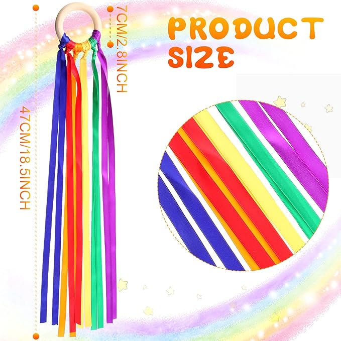 Junkin Ribbon Rings Hand Kite Waldorf Toys Dancing Wrist Ribbons Rainbow Streamers with Wood Ring Educational Toy for Playroom Dancing Birthday Party Gift(Bright Color,24 Pcs)