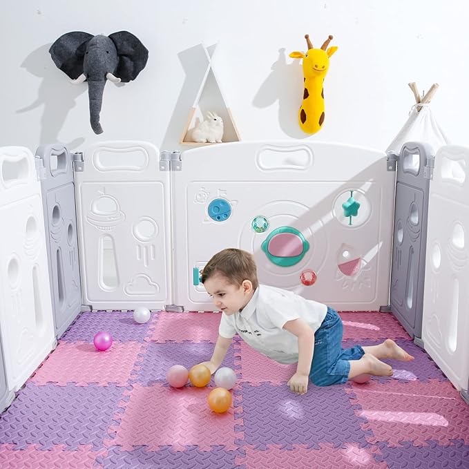 Foam Floor Mats for Kids, 12 x 12 Inch 16 Tiles 0.4" Thickness Foam Play Mat, Non-Toxic Square Interlocking Floor Mats Rubber Baby Play Mat for Toddlers(Pink/Purple)