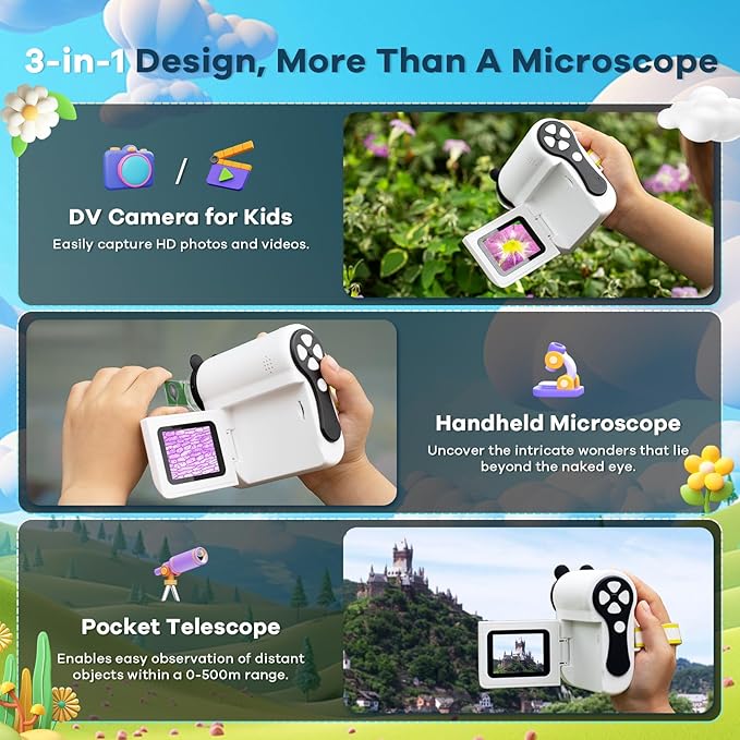 HP60 IPS Microscope for Kids: [Auto On & Off] [3-in-1] 2" Portable Handheld Microscope Miniscope, Pocket Mini Scope Educational Science Kit, Christmas Birthday Gifts for Kids, PC View, White