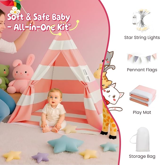 Teepee Tent for Kids with Padded Mat, Lights, and Carry Bag, Washable Playhouse for Indoor Use, Ideal Play Tent for Girls and Boys, Stripe Pink