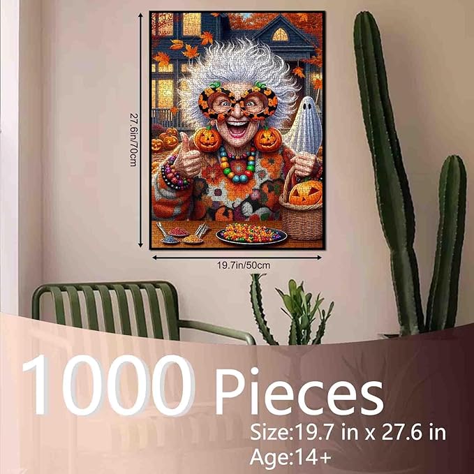 Excited Grandma with Pumpkin Glasses 1000 Piece Jigsaw Puzzle for Adults Students 20×27 Inches Funny Halloween with Candy Ghosts Fall Leaves and Colorful Decor Festive Autumn Puzzle