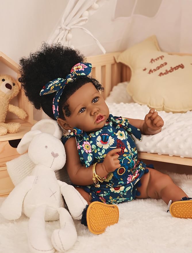 HOOMAI Reborn Baby Black Dolls African American Lifelike Silicone Doll Realistic 22.8 Inch with Cloth Body Birthday Gift Set for Ages 3+