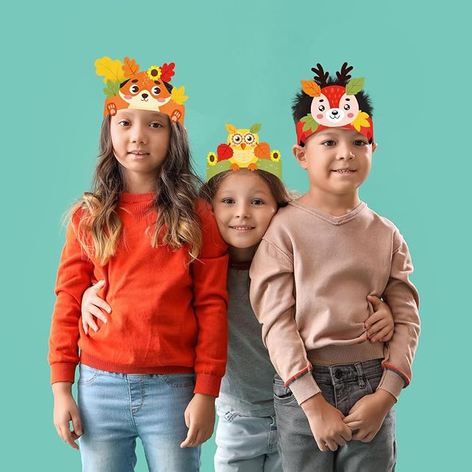Cinrobiye 24 Sets Fall Crafts Kits Autumn Animal Paper Crown Craft Kit Bulk DIY Harvest Headbands Craft for Holiday Thanksgiving Birthday Party Favors Gift Home School Art Project Activity Game Prizes