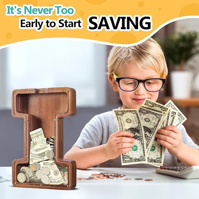 Summidate Large Wooden Piggy Bank for Kids Adults, Alphabets Letter A-Z Piggy Bank for Boys Girls, Coins Bills Change Bank Box Personalized Initial Name Kids Money Bank for Birthday Present and Decor
