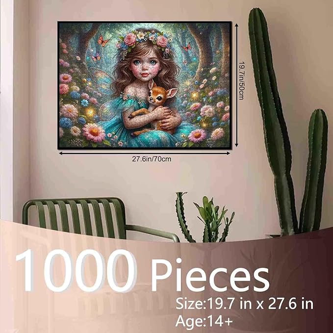 Tucocoo Enchanted Forest 1000 Piece Puzzle for Adults, Magical Fairy Girl and Fawn, Woodland Fantasy Scene Puzzles, Challenging Jigsaw for Relaxation, DIY Art Puzzle Gift Home Decor (20"x27")
