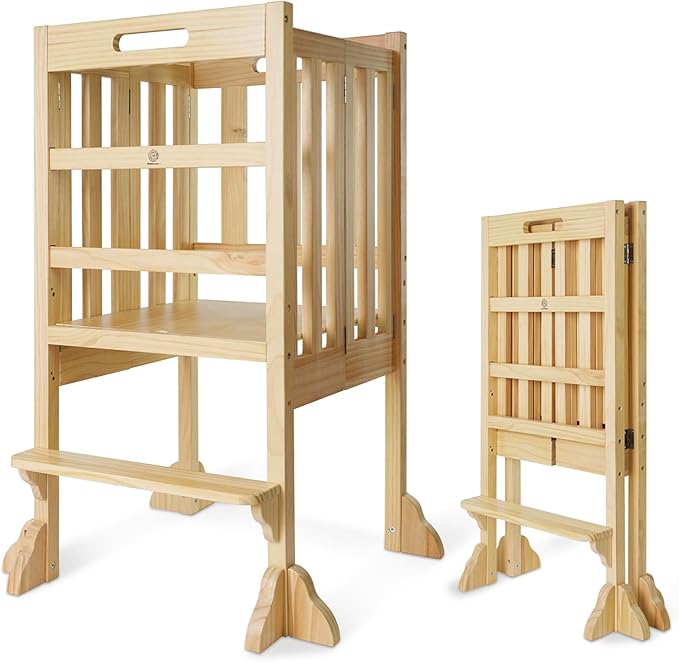 Foldable Toddler Learning Standing Tower, WOOD CITY Montessori Kitchen Step Stool Ideal Helper with 3 Adjustable Heights for Learning New Skills(Natural)