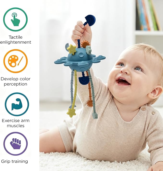Silicone Baby Sensory Montessori Toys & Pull String Teething Toys for 6-12-18 Months, Toddler Birthday Gift Car Seat Airplane Travel for 1 2 Year Old Boy Girl Infant 8 9 10 Months Old (Blue)