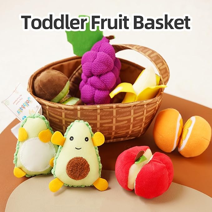 Toddler Pretend Play Food Toy 12M+, Soft Plush Baby Montessori Fruit Basket, Kid Sensory Kitchen Grocery Playset Early Educational Gift for 1 2 3 Year Infant Boy Girl