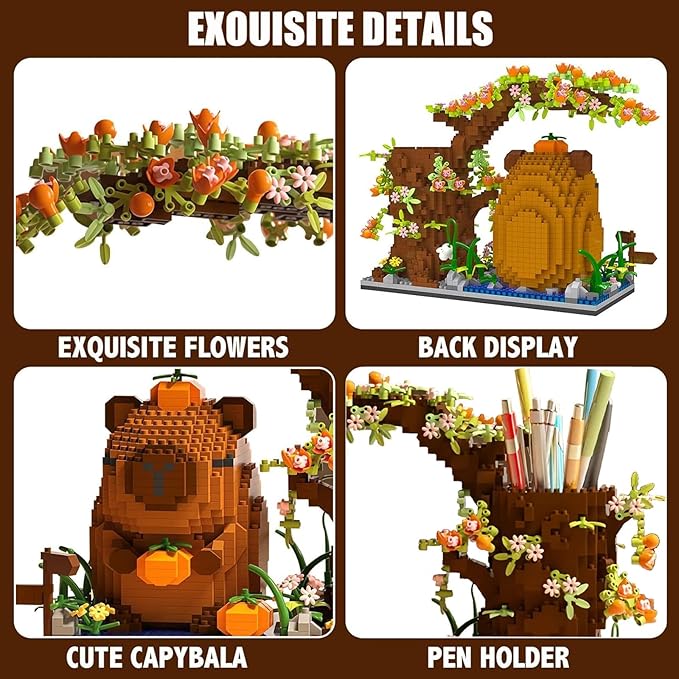 Capybara Building Blocks Set -1880PCS Cute Animals & Flowers Building Bricks Kit Kawaii Capybara Gifts Toy for Kids Age 6+, Capybara Stuff Pen Holder&Desk Organizer, Arts & Crafts for Boys Girls Adult