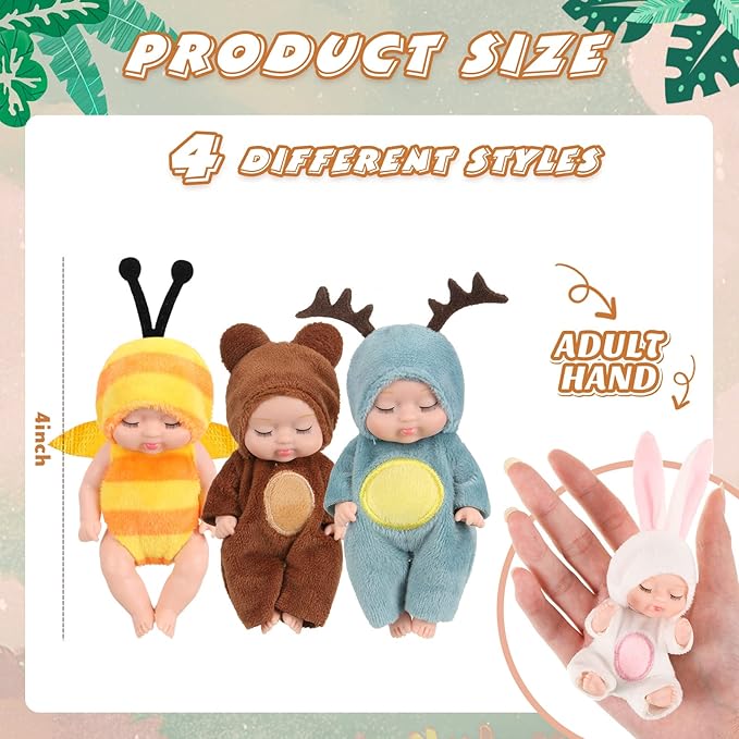 Hanaive 4 Pcs 4 Inch Mini Baby Dolls Lifelike Realistic Baby Dolls Animal Clothes Cute Tiny Gifts for Kids Birthday Party(Cute Style)