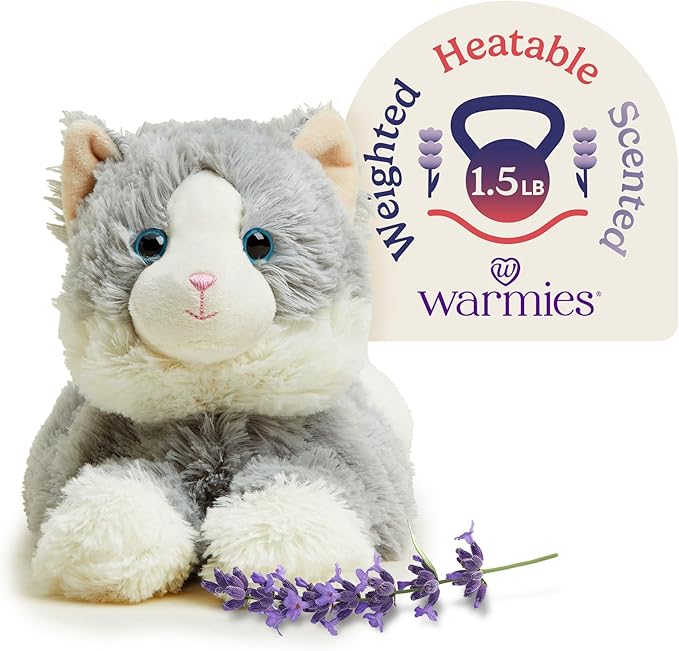 warmies Microwavable & Weighted Stuffed Animals, Laying Down Gray Cat - Heated Stuffed Animal Plushie for Warmth & Comfort - Cute Soft Plush Toys for Boys, Girls, Babies & Toddlers