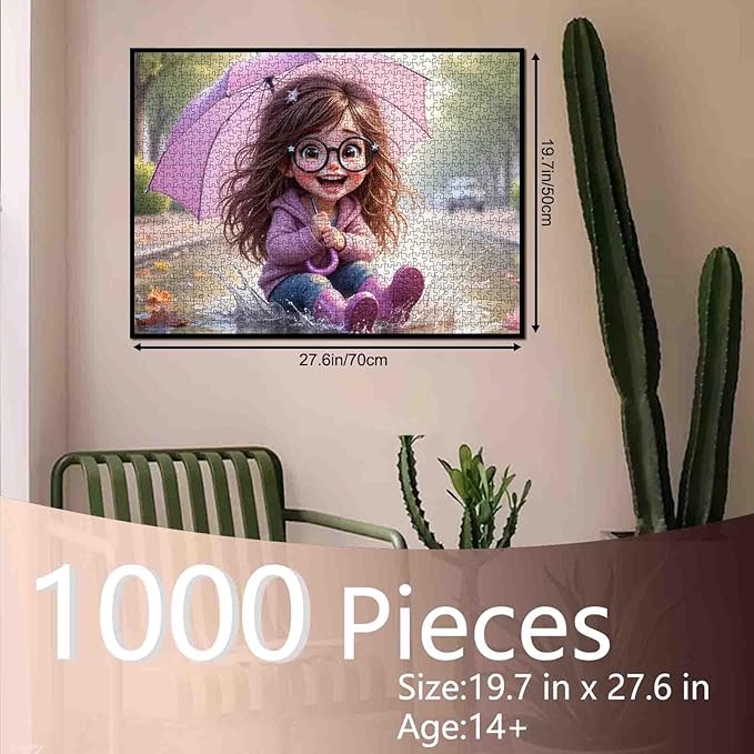 Tucocoo Adorable Cartoon Girl Puzzles for Adults 1000 Piece, Umbrella Little Girl Art Jigsaw, Rainy Day Scene Puzzle, Fun and Challenging Puzzle Gift for Adults and Teens, Family Games Home Decor