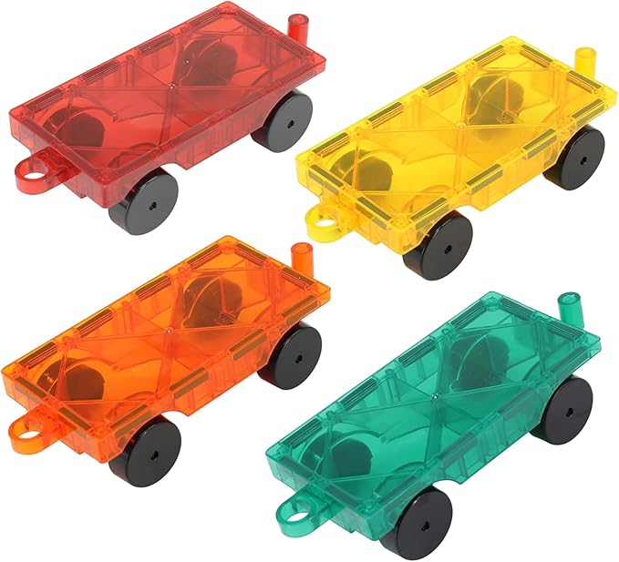 Magnetic Tiles Car Building Kit for Toddlers, 4 PCS Magnet Construction Trucks, STEM Toys for 3-8 Year Old Boys Girls, Educational Vehicle Engineering Set