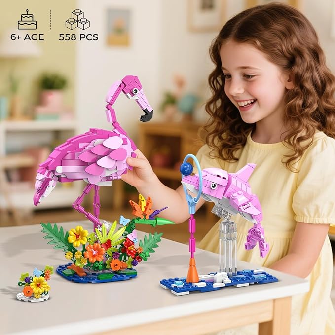 HOGOKIDS 3 in 1 Pink Flamingo Building Set with Flowers, Animal Figure with 3 Building Options - Flamingo, Bunny, or Dolphin, 558PCS Creative Easter Birthday Gift, Learning Toy for Kid Girl Boy Age 6+