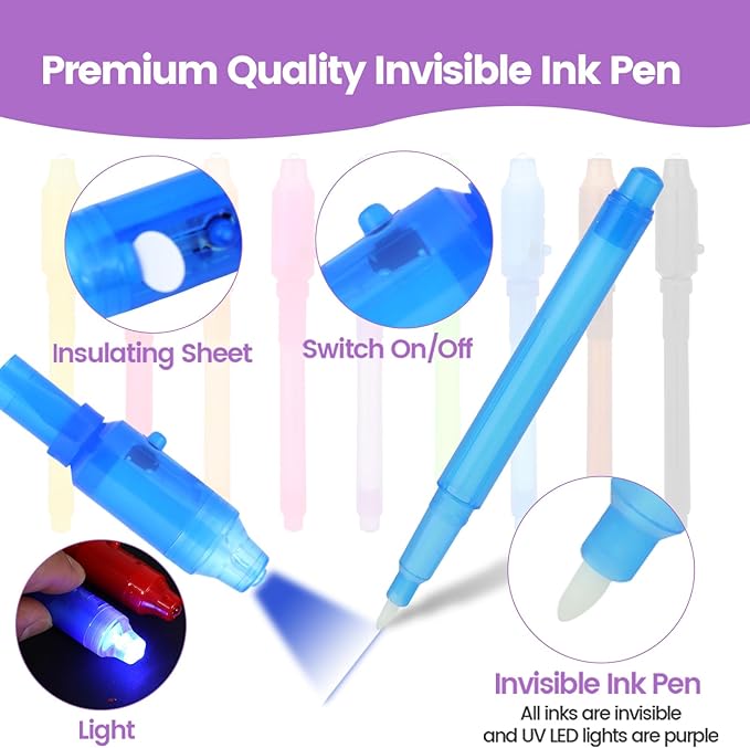 Invisible Ink Pen with UV Light, 36 Pcs Spy Pens, Party Favors for Kids 8-12 4-8, Classroom Prizes for Students, Magic Marker for Secret Messages, Party Birthday Halloween Goodies Christmas Stuffers