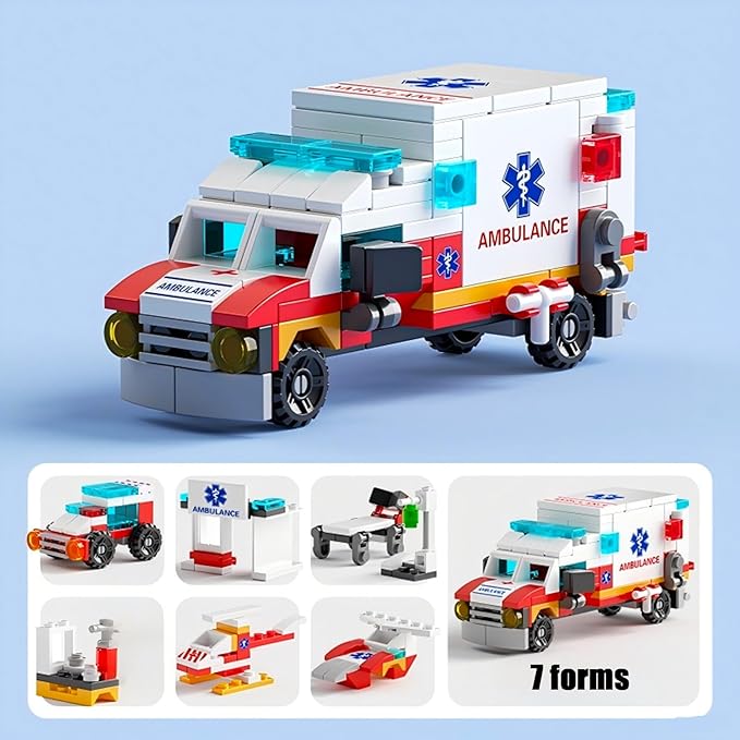Ambulance Building Blocks Toy (122 Pieces) – 7 in 1 Emergency Vehicle Set, STEM Learning Creative Play, DIY Construction Toy for Kids Ages 6-12, Gift for Boys & Girls