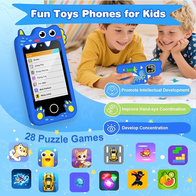 Kids Smart Phone Christmas Birthday Gifts for Boys Age 3-10 Dinosaur Toys Smart Phone 2.8" Touchscreen Built-in 32G SD Card Dual Camera 28 Learning Games MP3 Music Player