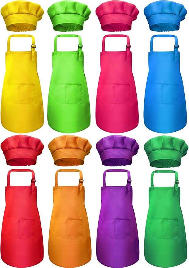 SATINIOR 8 Set Kids Apron and Chef Hat Set Kids Apron with 2 Pockets Adjustable for Boys Girl's Cooking Baking Painting