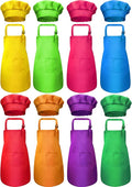 SATINIOR 8 Set Kids Apron and Chef Hat Set Kids Apron with 2 Pockets Adjustable for Boys Girl's Cooking Baking Painting