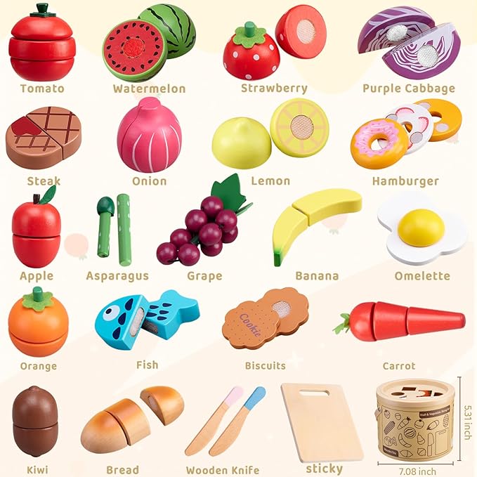 Wooden Play Food Sets for Kitchen Kids Velcro Fruits and Vegetables Cutting Toys for Toddlers Pretend Food Kitchen Accessories Playset Birthday for 3 4 5 6 Years Old Boys Girls