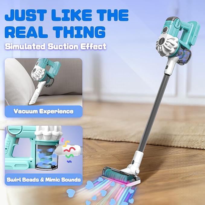 SMILESSKIDDO Kids Vacuum That Really Works - 3-in-1 Toy Vacuum with Real Suction, Apron, Cleaning Cloth, Duster & Colorful Beads, Toddler Cleaning Toy Set, Housekeeping Toy Gifts for Girls & Boys