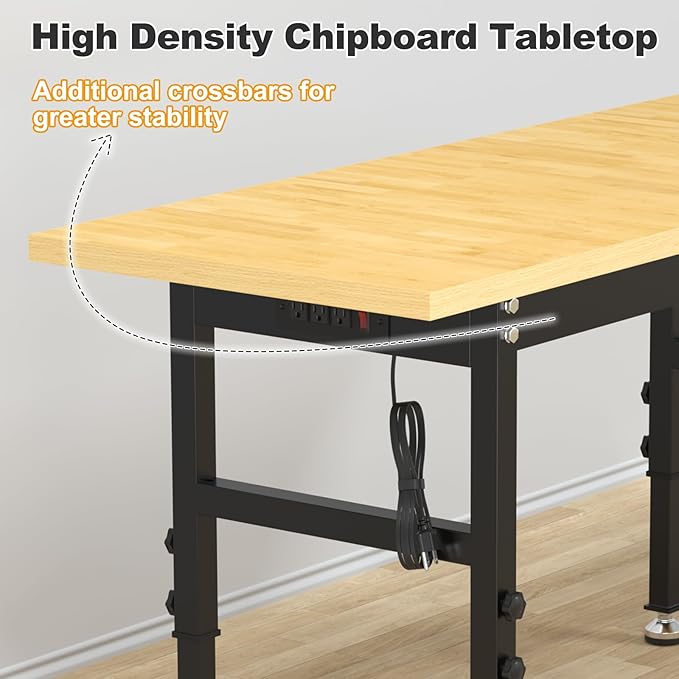48" Adjustable Workbench for Garage, Heavy-Duty Work Bench, 2000 LBS Worktable with Power Outlets, Portable Chipboard Work Station for Repair Shop, Workshop, Office