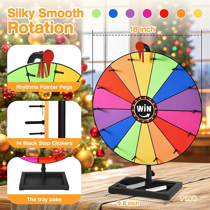18-inch Tabletop Prize Wheel, Prize Wheel Spinner with Stand & Storage Base, Featuring a Prize Wheel with 14 Customizable Color Sections. Suitable for Party Games, Family Games (with line)