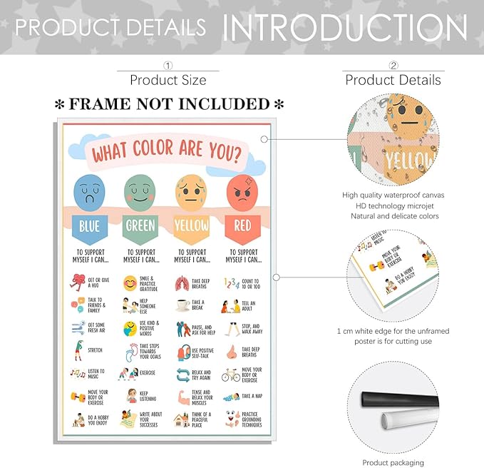 Mental Health Canvas Wall Art Feelings Chart Emotions PosterAwareness Preschool Emotions Faces Calm Prints Calm Down Corner Home for Kids Room Classroom Wall Decor 12x16in Unframed