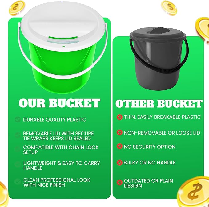 Plastic Coin Collection Bucket with Removable lid and Handle Charity Donation Collection Money Box Pail for Fundraising with top Slot for Tickets raffles and Money 7.5" Hx8.3 Diameter(Green) 4 Pack