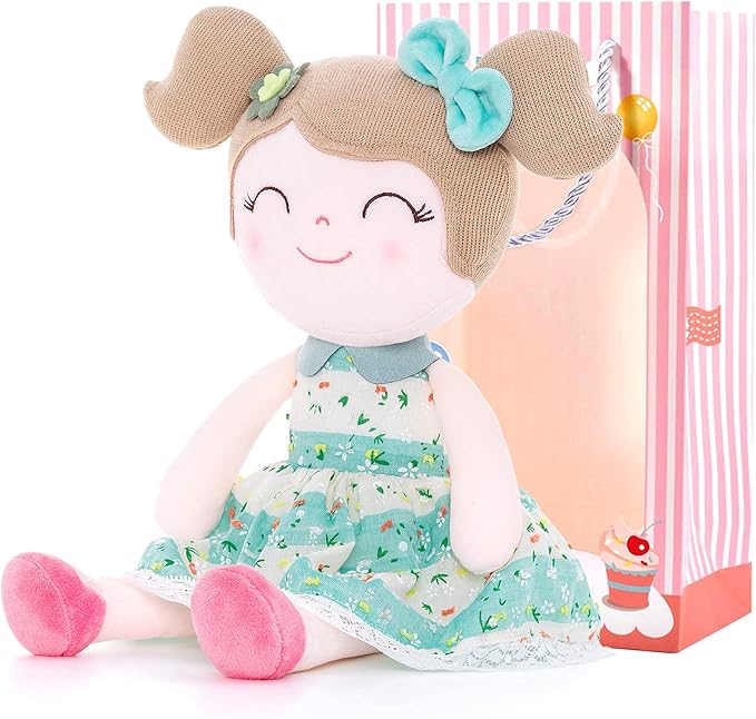 Gloveleya Baby Girl Gifts – Soft First Plush Doll with Gift Box, Spring Green Dress 16 Inch, Snuggly Birthday Present, for Toddler Girls