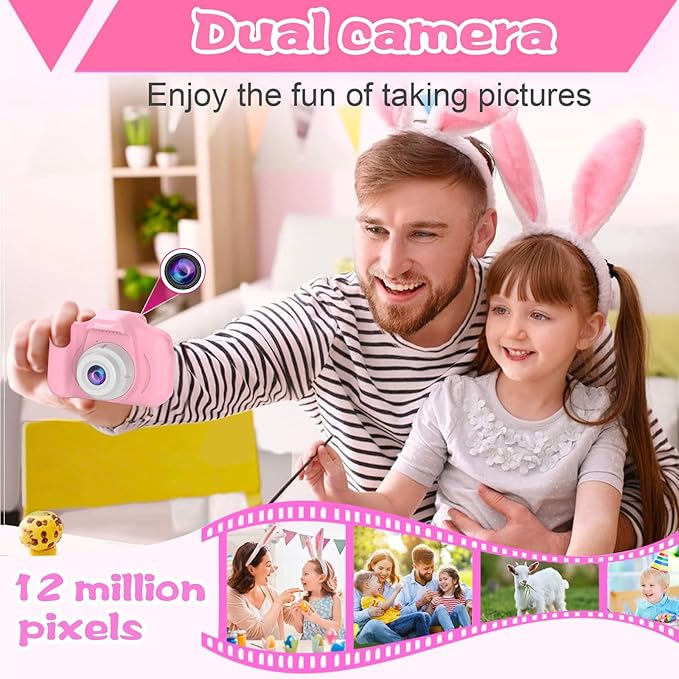 PROGRACE Digital Camera for Kids, 40MP FHD 1080P Toddler Camera with 4-16X Zoom and Anti-Shake, IPS HD Screen, Birthday Toys for Girls and Boys Ages 3-12 - Pink