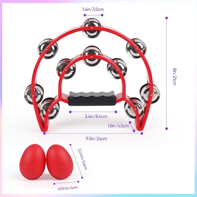 Tambourine Musical Instrument for Adults - 10 Inch Tambourines Half Moon with Egg Shakers Double Row Metal Jingles Handheld Percussion Instruments for Church Dance Party Events KTV (Red)