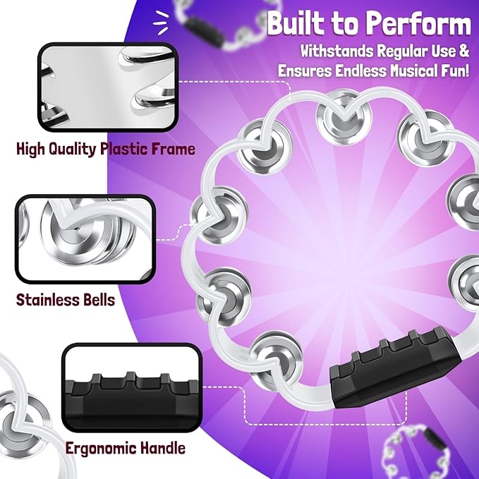 Flexzion Flower Tambourine - 8 Inch Handheld Percussion Instrument w/Metal Jingles & Ergonomic Grip - Small Tambourines for Adults, Kids, Church, Parties, & Musical Events (7 Color Pack)