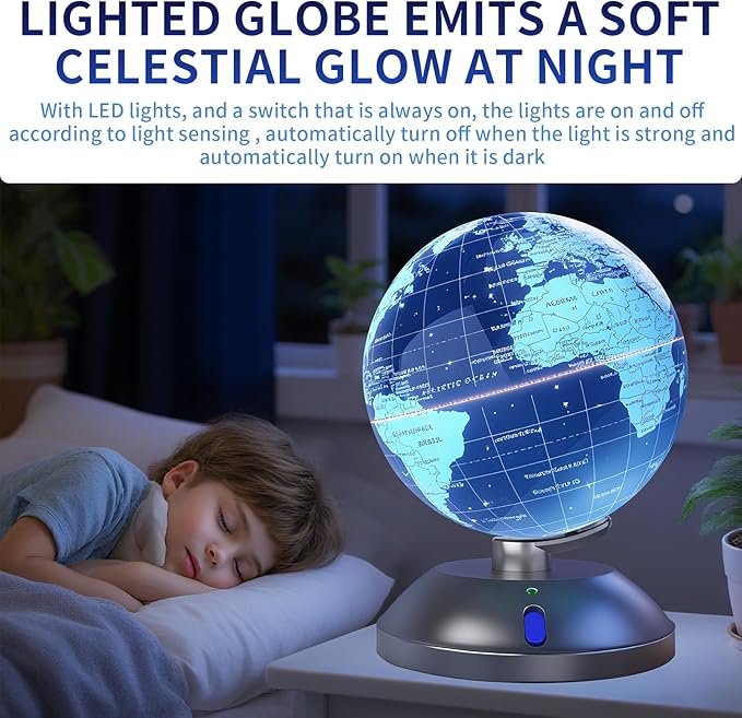 360-degree rotating globe, independently supported by a base, 9-inch design world blobe, built-in LED night light, high-definition color visual map details, suitable for children's geography education, study and office decoration, living room decoratio...