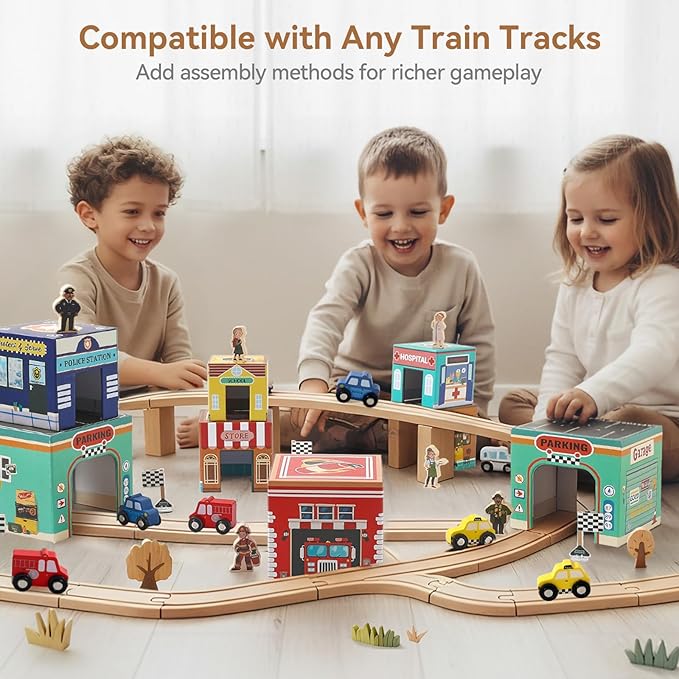 Montessori Scene with Train Tracks Set for Kids, Sorting & Stacking Blocks Toys with Wooden Cars & Community Helpers,Toddler Number Blocks Nesting Boxes, Preschool Learning Toys for Boys Girls Gift