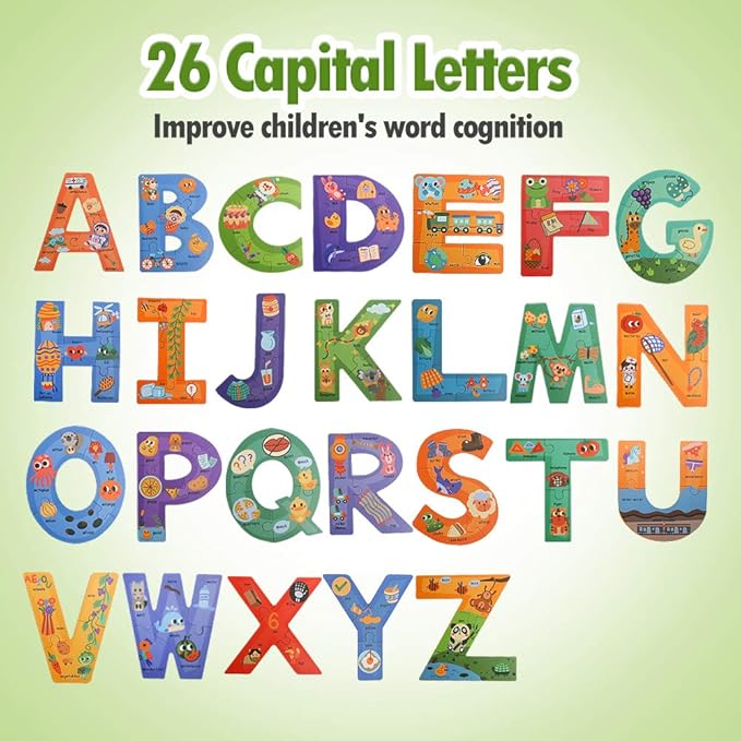 Wooden Jumbo Alphabet ABC Letter Toddler Puzzles Color Shape Animals Recognition Montessori STEM Jigsaw Preschool Learning Educational Toy for Kids 3 4 5 Years Old Boys Girls