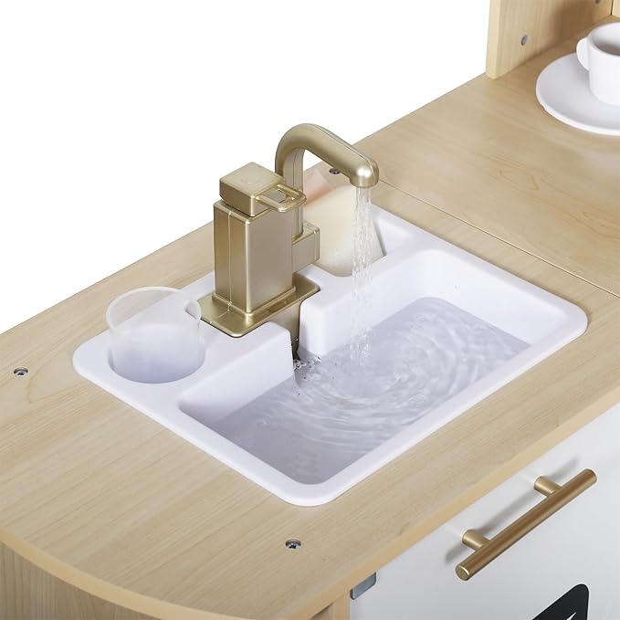 Large Wooden Corner Play Kitchen Sets with Real Running Water, 2 in 1 Water Dispenser with Ice Maker, Toy Tove with Light and Sounds for Toddlers, Preschoolers, Children Age 3+ Years