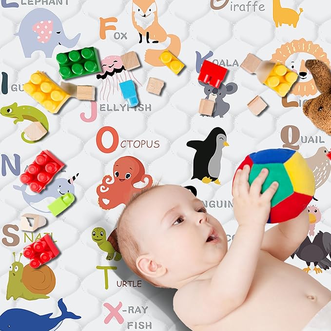 Baby Play Mat，Thick Soft 71" X 79" Playpen mat, Non-Slip and Machine Washable Baby Play Mats for Floor，Crawling Mat for Babies, Toddlers & Infants to Play and Learn (Animal Alphabet-A)