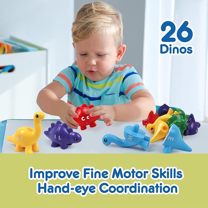 Alphabet Dinosaurs Matching Letters Toy, 26 PCS Double-Sided ABC Dinosaur with Uppercase Lowercase, Match and Snap Fine Motor Game Preschool Learning Toys Gifts for Kids Back to School Goodies