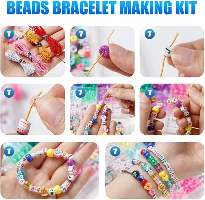 Ybxjges Bracelet Making Kit, 1000 Pcs Beads for Friendship Bracelet Kit with Pony, Polymer Clay, Letter Beads for Jewelry Making DIY Crafts Girts for Girls Age 6-12