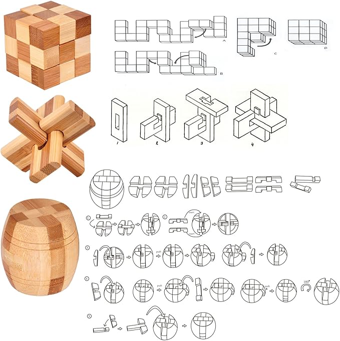 VolksRose 9pcs Wooden Brain Teaser Puzzles, IQ Challenge Puzzle Games, Logic Smart Mind Puzzle Box Lock Toy Removing Assembling 3D Small Puzzle Gift Set for Adults Teenagers Kids, 1.8inch 4.5cm