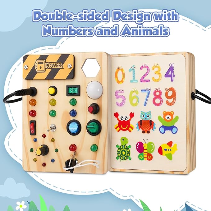 Montessori Busy Board Toys: Wooden Sensory Toy for Toddler with LED Light Up Switch, Educational/Christmas/Birthday Gifts for 1-3 Year Old Boys & Girls