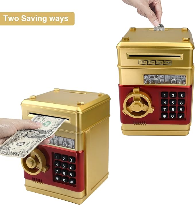 Electronic Piggy Bank with Password Lock & Mini ATM Function - Money Saving Box for Kids, Safe Coin Bank Toy for Ages 3 for Boys & Girls (Gold)