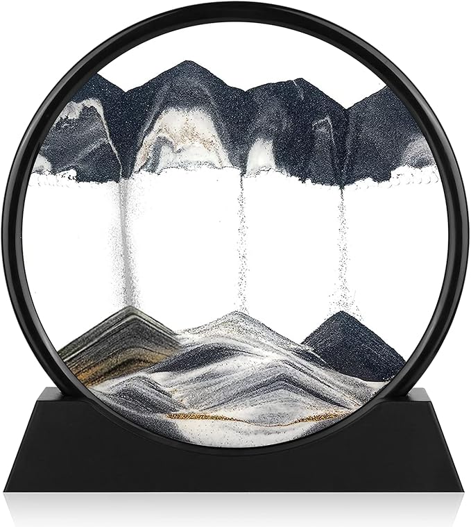 Moving Sand Art Picture - 3D Quicksand Painting Decor - Round Glass 3D Deep Sea Sandscape - Relaxing Home Decoration Desk Toys for Home Office Desk Mantle Bookshelf- (Black, 12 in)