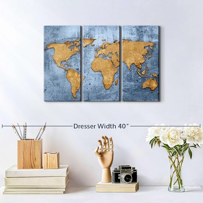 ElephantStock Azure World Map Wall Art Multi Piece Canvas - 3 Panel Wall Decor - Map of the World Art - Canvas for the Office and Home - 23" X 14"