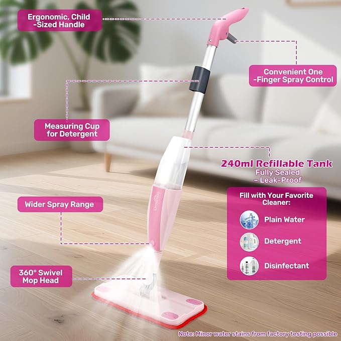 Dreamon Kids Spray Mop - Real Working Toddler Cleaning Set with Water Sprayer & 3 Washable Mop Pads & Scraper, Pretend Play Montessori Housekeeping Toys Gifts for Toddlers Kids Girls Boys(Pink)