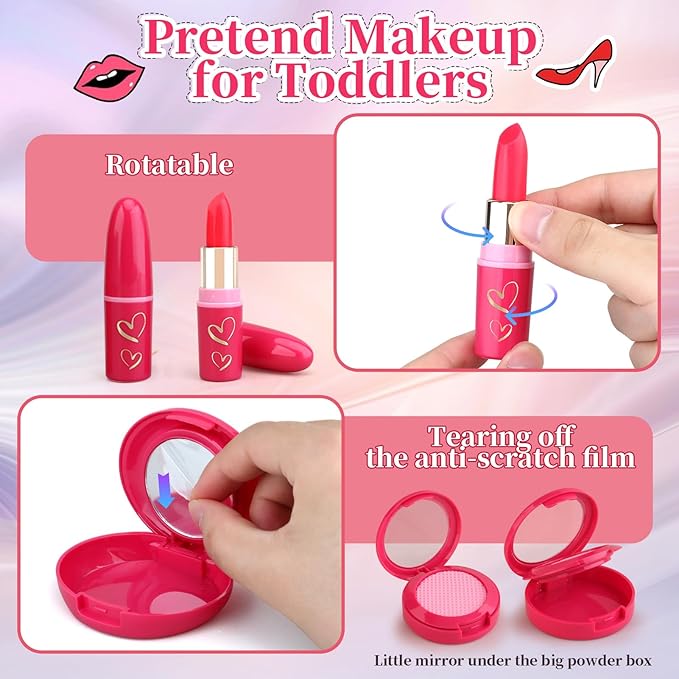 Toddler Girls Toys Pretend Makeup Kits - Fake Makeup Set Toys for Kids 3 4 5 6 Year Old , Play Makeup Gift for Little Girls 3-5, Toddler Makeup Kit with Fake Makeup Toy Birthday Gift