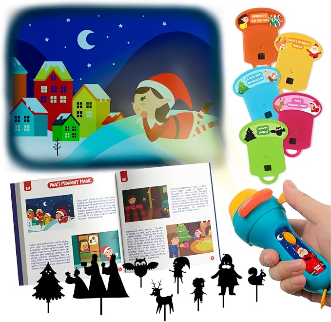 Nene Toys Christmas Fairy Tales Interactive Book with Flashlight Projector & Shadow Puppets - Magical Stories & Theatrical Playset for Kids 3+ Years - 5 Languages - Perfect Holiday Bedtime Kit