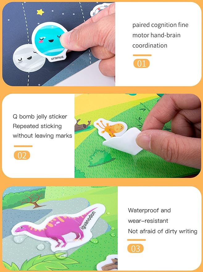 3 Pack Jelly Reusable Sticker Books for Toddlers 1-3 2-4 Years, Portable Travel Toys Sticker Activity Book for Kids 2 3 4 Year Old Girls Boys, Animal Dinosaur Vehicle Car