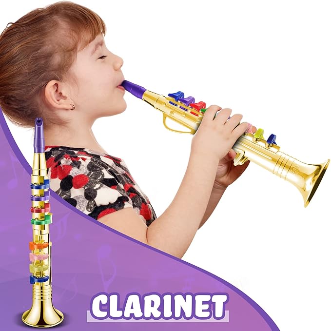 Amylove Set of 2 Musical Instruments for Kids Including Toy Saxophone and Kids Clarinet Plastic Toy Instruments Saxophone Clarinet with 8 Colored Keys Educational Home School Music Gift(Gold)